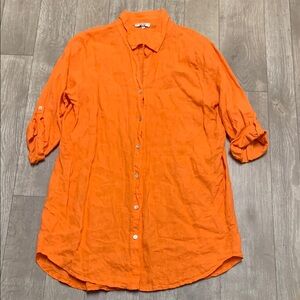 Womens Rosemarine 100% Linen Button Down Roll Sleeve Tunic Top Shirt